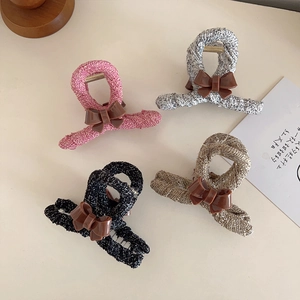 Korean Style Autumn Winter Yarn Wrapped Hair Claw Clip For Women Elegant Bowknot Tweed Fabric Alloy Shark Clip Hair Accessories