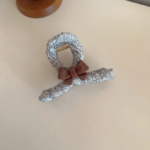 Korean style tweed hair claw clip with a brown bow accessory for elegant hairstyles