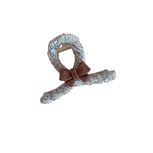 Elegant Korean style gray knitted hair claw clip with a brown bow and gold metal spring