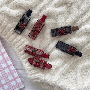 Retro Plaid Fabric Hair Clips Sweet Resin Cherry Bow Duckbill Hairpins For Women Side Fringe Daily Hair Accessories
