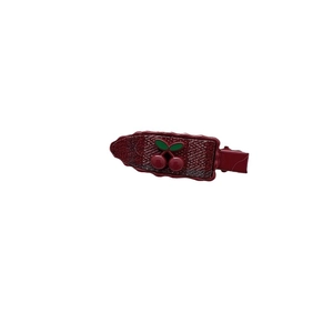 Vintage red cherry hair clip with plaid heart pattern and sparkly fabric finish