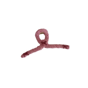 Pink tweed hair claw clip with dark red bow decorations and golden metal teeth