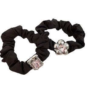 Black high-elastic scrunchies set with silver flower and pink square crystal accents
