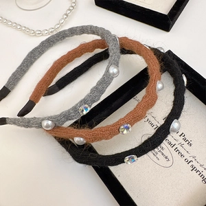Elegant Autumn Winter Knitted Headband With Faux Artificial Pearl Rhinestone For Women Warm Soft High Top Fashion Hair Band Accessory