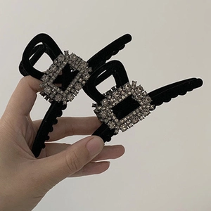 Elegant black velvet hair claw clips with rectangular crystal rhinestones for women