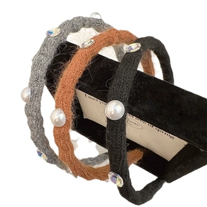 Three-piece knitted headband set with pearls and crystals in grey, caramel, and black
