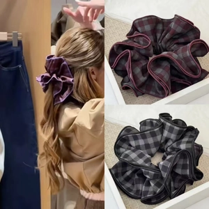 Chouchou à Carreaux Style Coréen avec Volants Superposés Femmes Élastique Cheveux en Tissu Satiné Accessoire Taille Haute