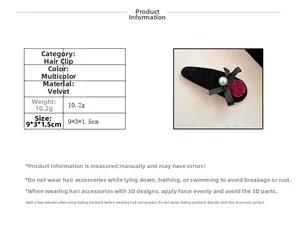 Detail showing red velvet rose hair clip with pearl bow, size 9x3x1.5cm, weight 10.2g