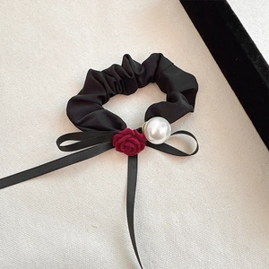 Elegant French velvet red rose hair scrunchie with large pearl and black ribbon bow detail