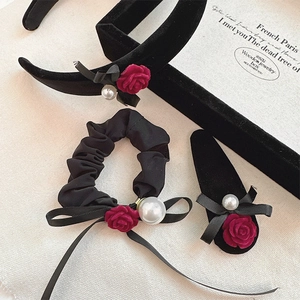 French Vintage Black Velvet Red Rose Bow Hair Clip Headband Scrunchie With Faux Artificial Pearl Elegant Hair Accessories For Women
