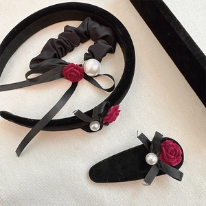 Elegant set of velvet rose headband, scrunchie and bow clip with pearls for women