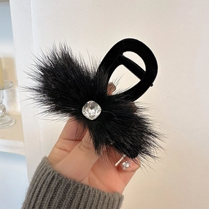 Elegant black faux fur hair claw clip featuring a square crystal rhinestone accent