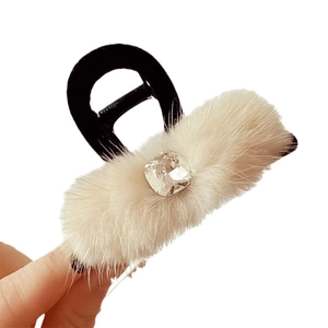 Furry shark hair clip in beige faux mink with a large square crystal centerpiece