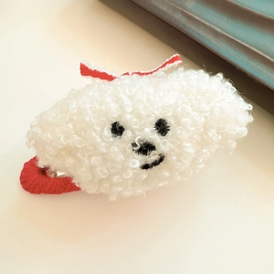 Cute white plush puppy hair clip with red bow and knitted base for women and girls