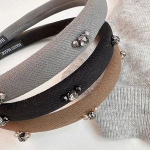 Handmade knitted padded headband with crystal beads in grey black and brown colors