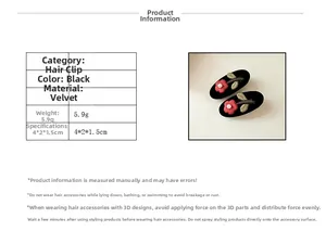 Detail showing two black velvet flower hair clips with red floral embroidery and specifications