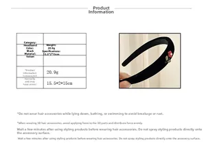 Detailed size specifications and weight for black velvet headband with red flower and pearl