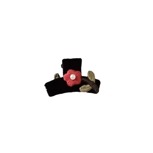 Elegant black flocked hair claw clip with red embroidered flower and faux pearl accent