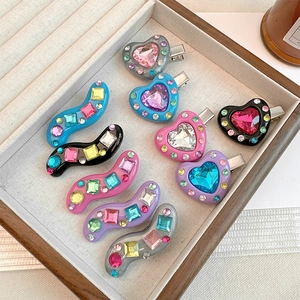 Sweet Heart And Wave Hair Clips Alloy Resin Colorful Rhinestone Gem Duckbill Hairpins Korean Y2K Style Hair Accessories Women