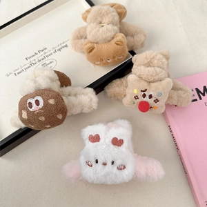 Simpatiche Mollette per Capelli in Peluche a Forma di Animale per Donna Ragazze Dolce Cartone Animato Orso Coniglio Biscotto Accessori per Capelli Autunno Inverno