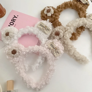 Cute Plush Bear Ear Headband With Knitted Flower Sherpa Fleece Hairband For Women Soft High Top Hair Hoop Hair Accessory