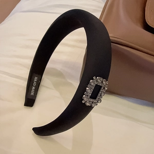 Elegant Black Padded Sponge Headband For Women With Rectangle Rhinestone Buckle Handmade Fashion Hair Accessories For Daily Party