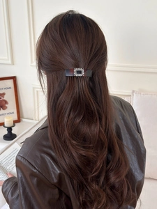 Detail of tortoiseshell hair clip with crystal rhinestone buckle on brown half-up hair