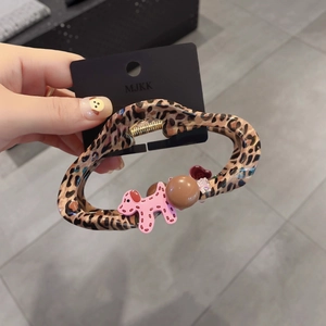 Leopard print hair claw clip with pink dalmatian dog and bead charms for women