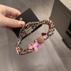 Large leopard print shark clip with cute pink puppy and bead decorations for hair