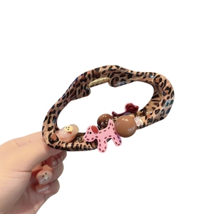 Sweet leopard print hair claw clip with pink puppy cartoon charm and crystal decor