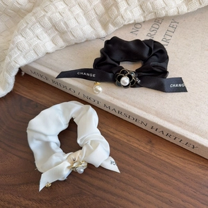 French style satin hair scrunchies with camellia beads and pearls in black and white