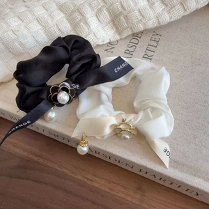 French Style Satin Scrunchie With Camellia Flower Artificial Pearl Pendant Ribbon Hair Tie Elegant Elastic Hair Band Women Accessories