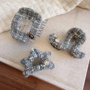 Elegant grey tweed hair claw clips with metal charms in various shapes for women