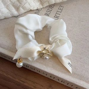 French style cream satin scrunchie with ribbon pearl flower and pendant accessory