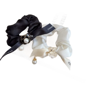 French style satin scrunchie set with camellia charm and large pearl in black and white