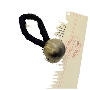 Minimalist black fabric hair tie with grey marble-textured decorative bead for women