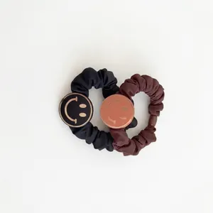 Vintage smiley face hair scrunchies set in black and brown satin silk fabric