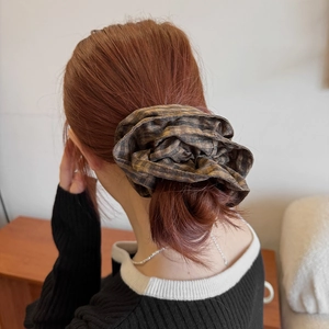 Retro plaid oversized scrunchie for bun hairstyle, fluffy dark checkered hair tie