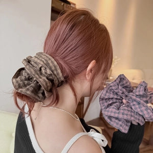 Vintage Checkered Plaid Scrunchies For Women Large Fabric Hair Ties Elastic Ruched Ponytail Holder Hair Accessories