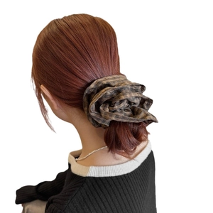 Retro brown plaid oversized scrunchie for bun hairstyles with vintage checkered fabric
