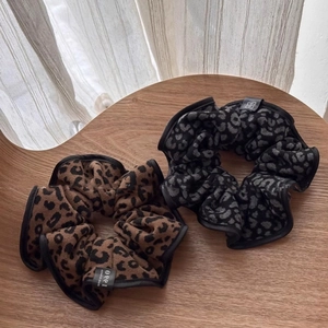 Leopard print scrunchie set in brown and grey tones with high elasticity for ponytails