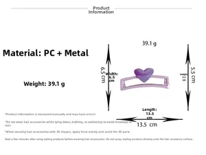 Détails de la pince à cheveux cœur violette avec dimensions 13,5 cm et poids 39,1 g