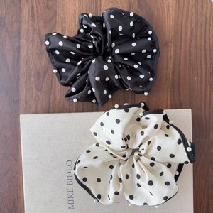 French Vintage Satin Polka Dot Scrunchie Large Hair Tie With Faux Artificial Pearl Trim Black White Elegant Hair Accessories For Women
