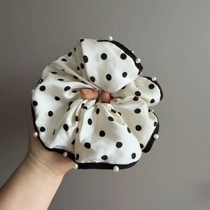 French vintage oversized black and white polka dot hair scrunchie with faux pearl edges