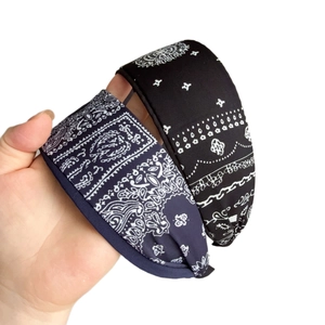 Ethnic paisley print wide headbands in black and navy blue for women's hair styling