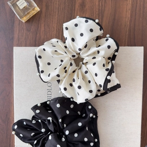 French vintage black and white polka dot satin hair scrunchies with elegant pearls