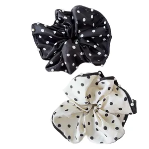 Polka dot satin scrunchie set with white pearl edges in black and white colors
