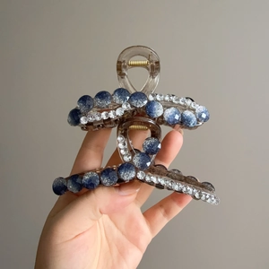 Elegant Large Acrylic Hair Claw Clip With Shiny Blue Resin Beads And Rhinestones Strong Hold Hair Accessory For Women