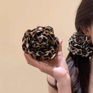 Large leopard print flower hair clip set with brown and beige fabric for women