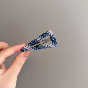 Chic blue plaid geometric triangle hair clip with stylish fabric texture and metal base